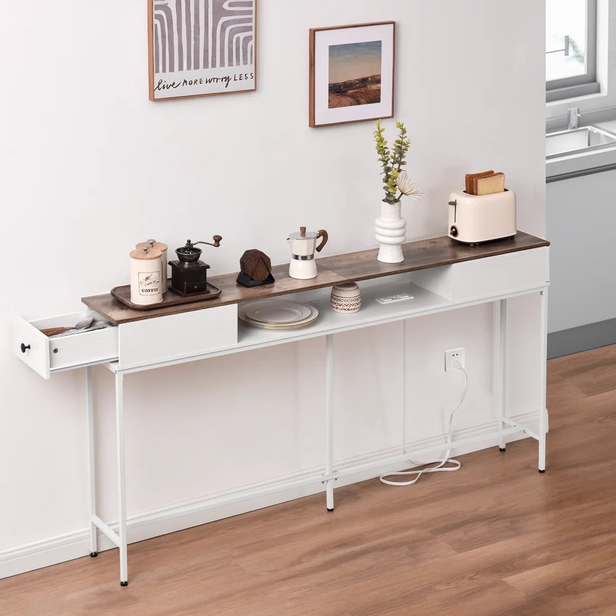 63" Console Table with Drawers and Outlets - White/SW9715CKWR
