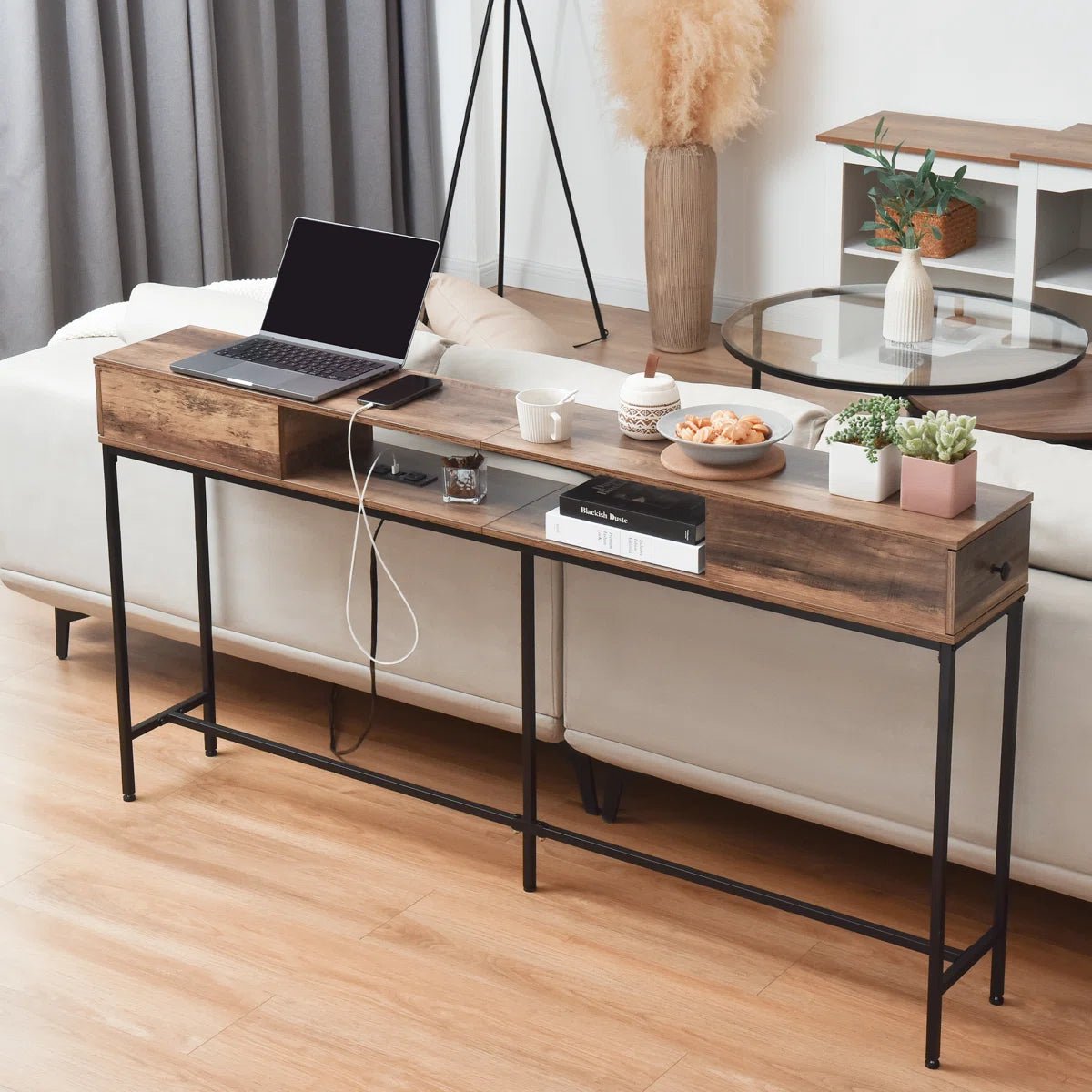 63" Console Table with Drawers and Outlets - White/SW9715CKWR
