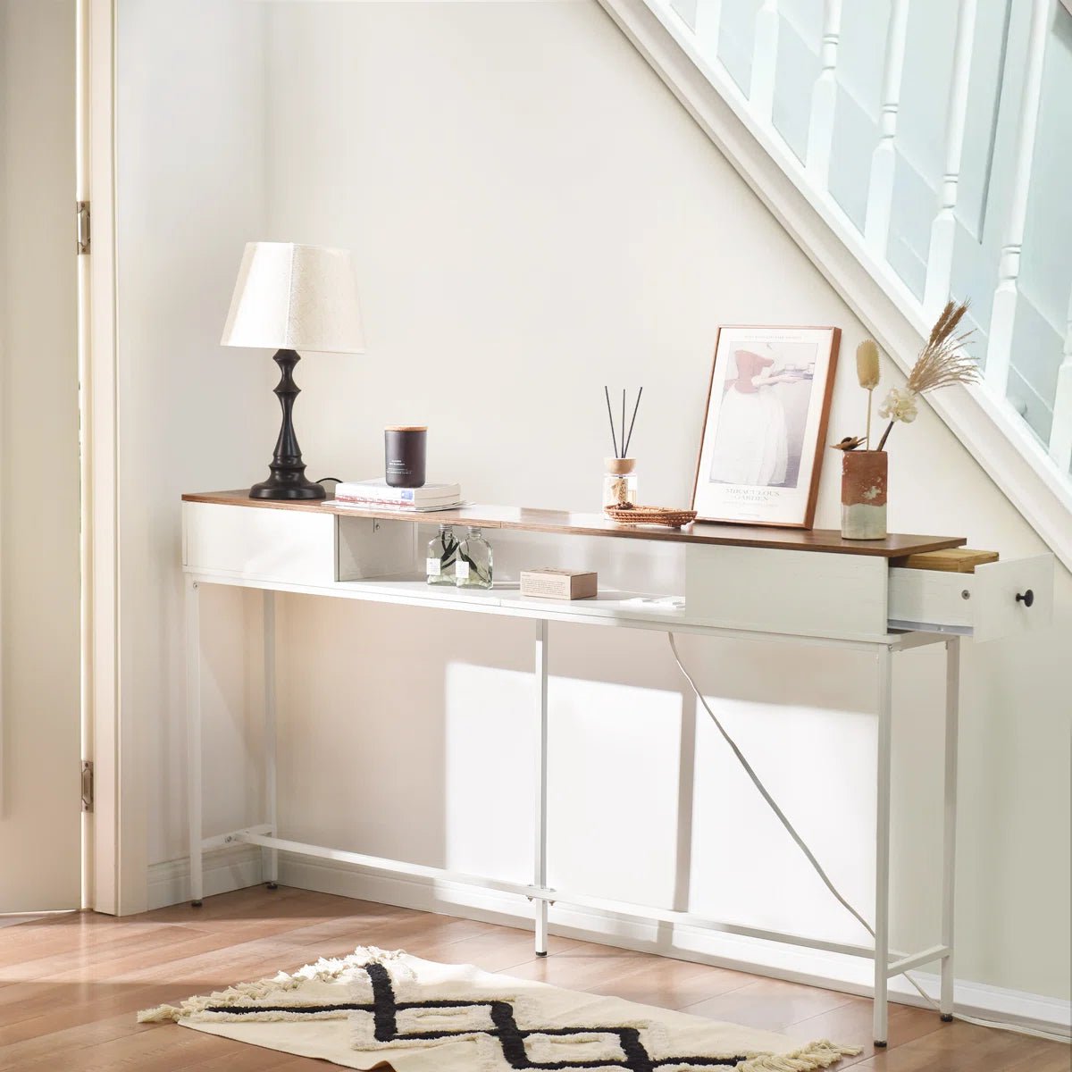 63" Console Table with Drawers and Outlets - White/SW9715CKWR