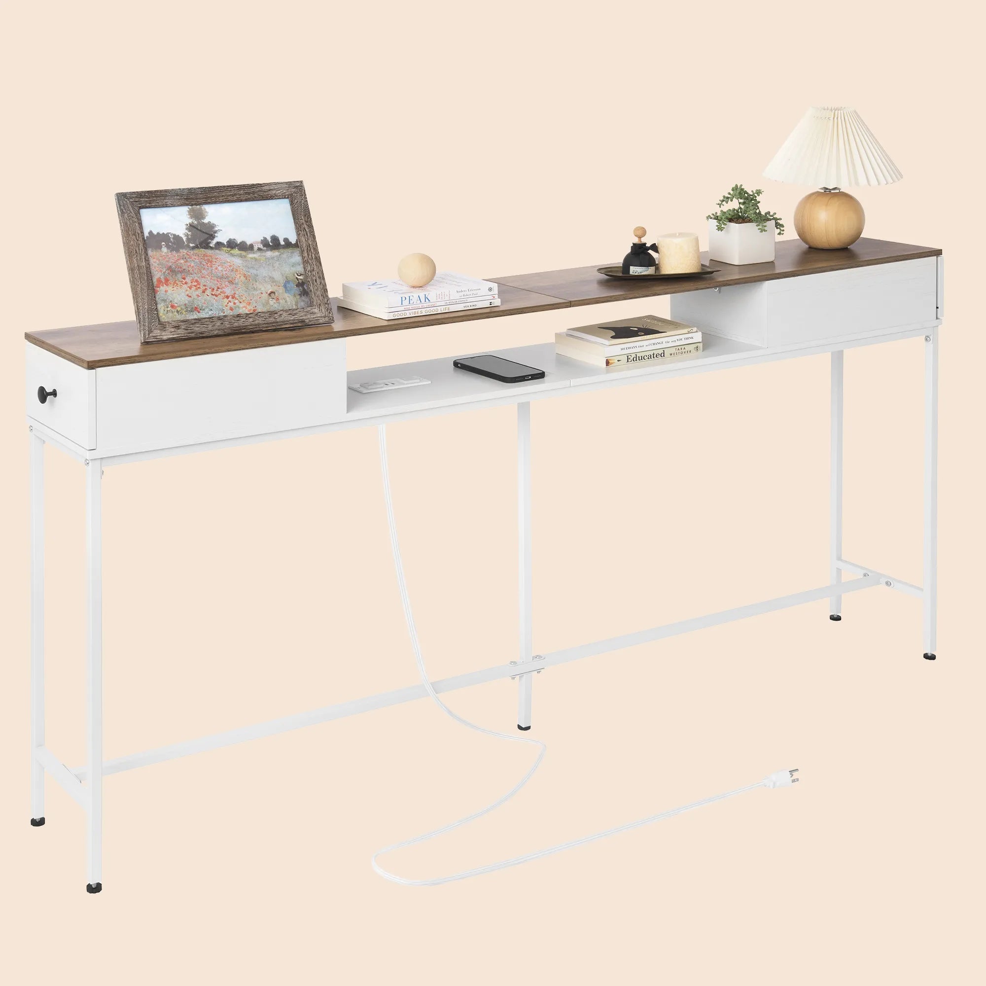 63" Console Table with Drawers and Outlets - White/SW9715CKWR