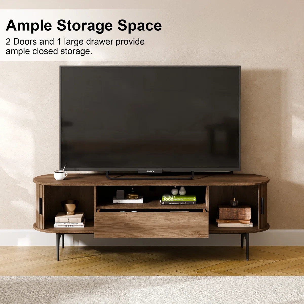 Tambour Design Mid-Century Modern TV Stand With Drawer for TV Up to 75" - WELL ZONE