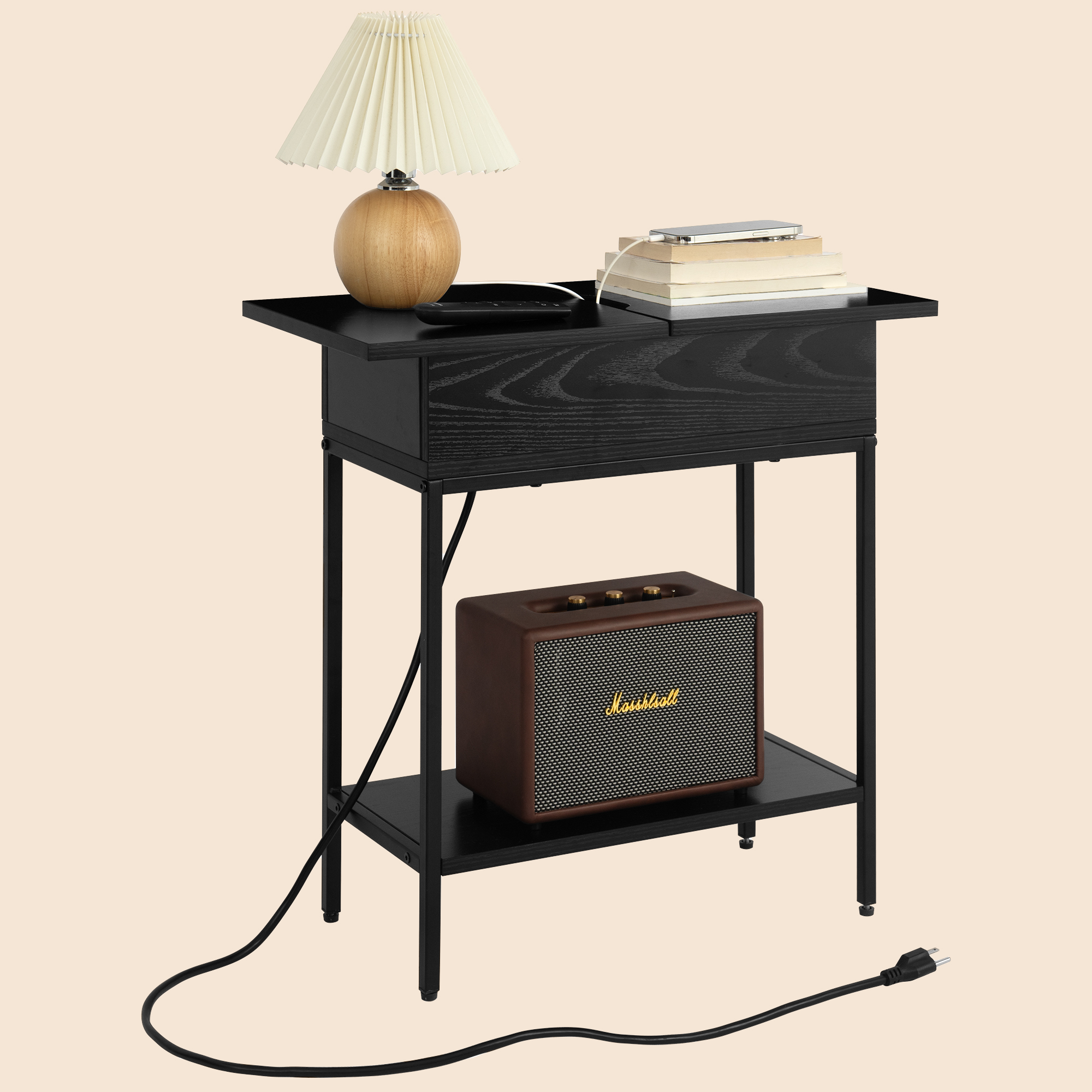 Industrial End Table with Charging Station – USB Ports & Power Outlet, Rustic Wood & Metal Design