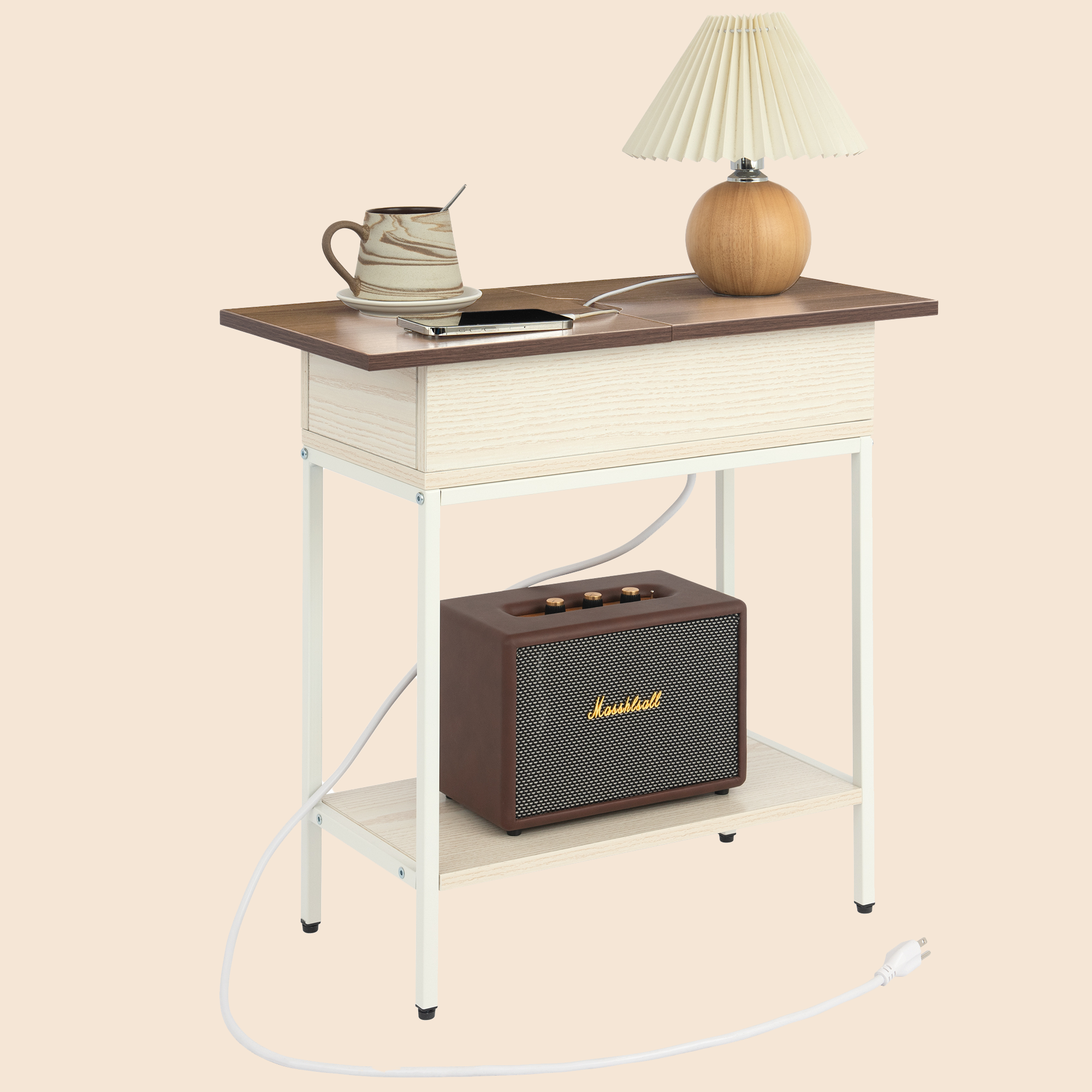 Industrial End Table with Charging Station – USB Ports & Power Outlet, Rustic Wood & Metal Design
