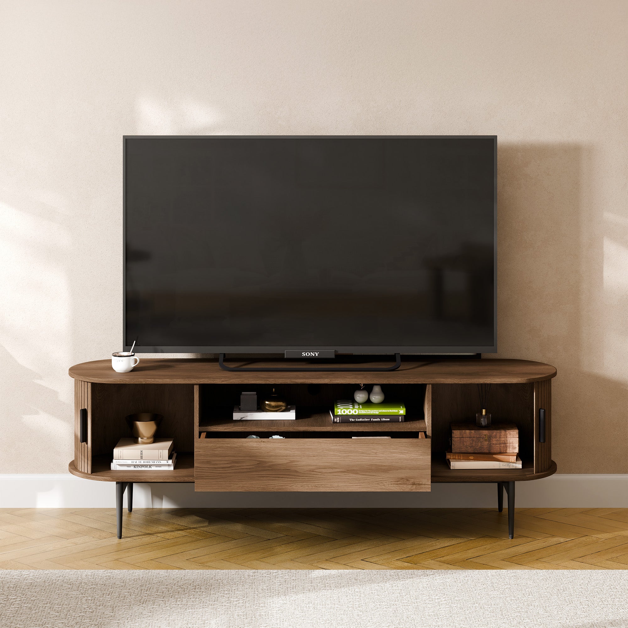 Tambour Design Mid-Century Modern TV Stand With Drawer for TV Up to 75" - WELL ZONE
