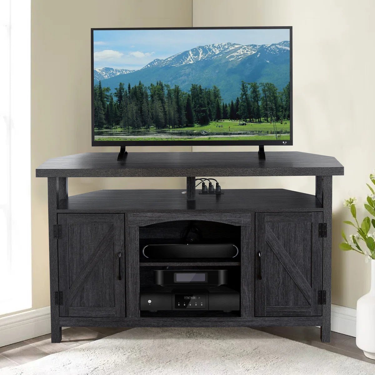 Farmhouse Corner TV Stand with USB Ports and Outlet Fit for TVs up to 60" - Black/SW9702AJEE