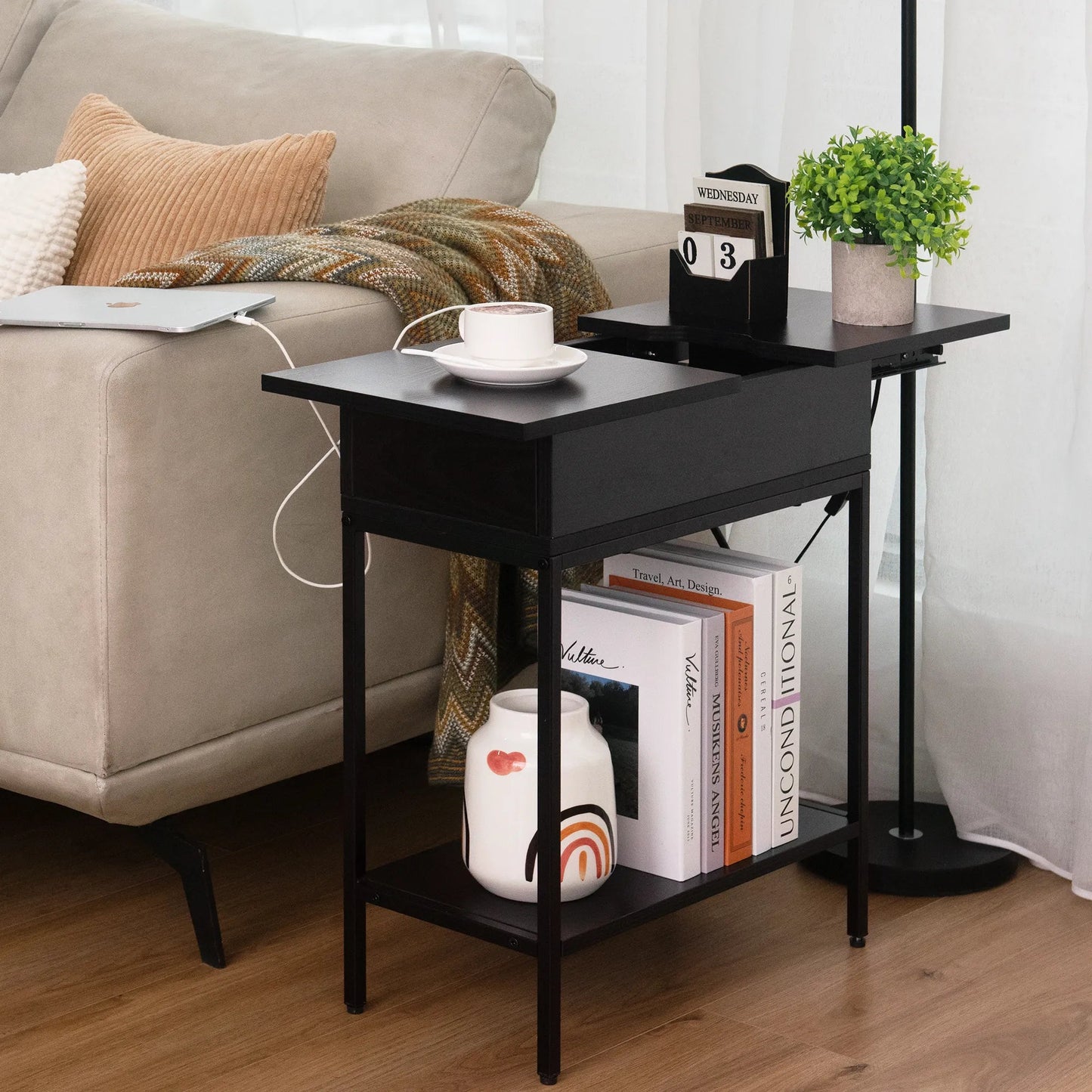 Industrial End Table with Charging Station – USB Ports & Power Outlet, Rustic Wood & Metal Design -Black/SW9706AMKA
