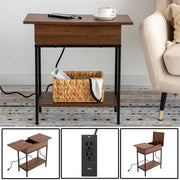 Industrial End Table with Charging Station – USB Ports & Power Outlet, Rustic Wood & Metal Design -Brown/SW9706AMNR