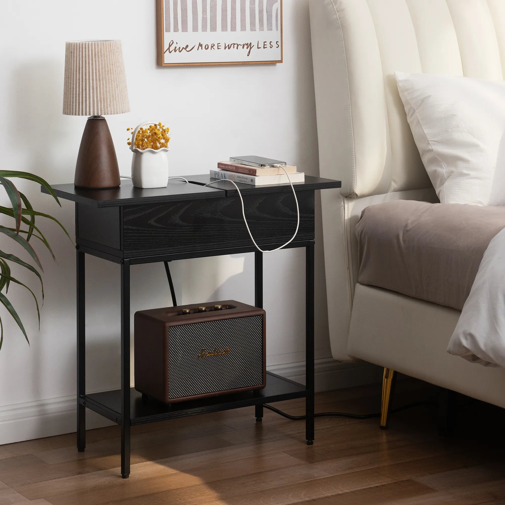Industrial End Table with Charging Station – USB Ports & Power Outlet, Rustic Wood & Metal Design -Black/SW9706AMKA
