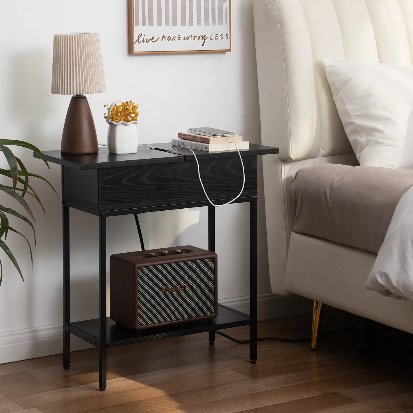 Industrial End Table with Charging Station – USB Ports & Power Outlet, Rustic Wood & Metal Design -Black/SW9706AMKA