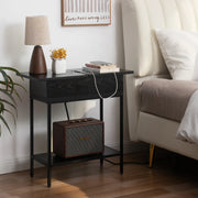 Industrial End Table with Charging Station – USB Ports & Power Outlet, Rustic Wood & Metal Design -Black/SW9706AMKA