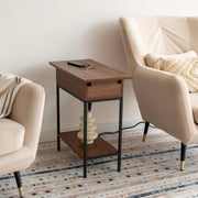 Industrial End Table with Charging Station – USB Ports & Power Outlet, Rustic Wood & Metal Design -Brown/SW9706AMNR