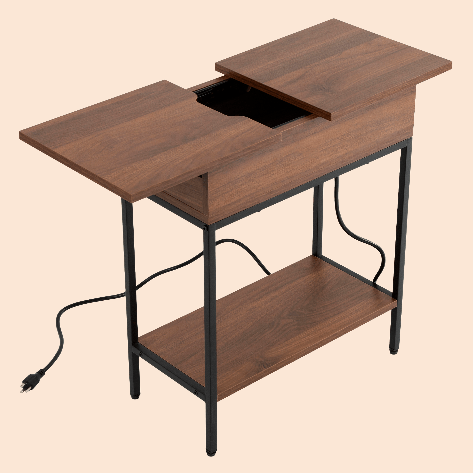 Industrial End Table with Charging Station – USB Ports & Power Outlet, Rustic Wood & Metal Design -Brown/SW9706AMNR