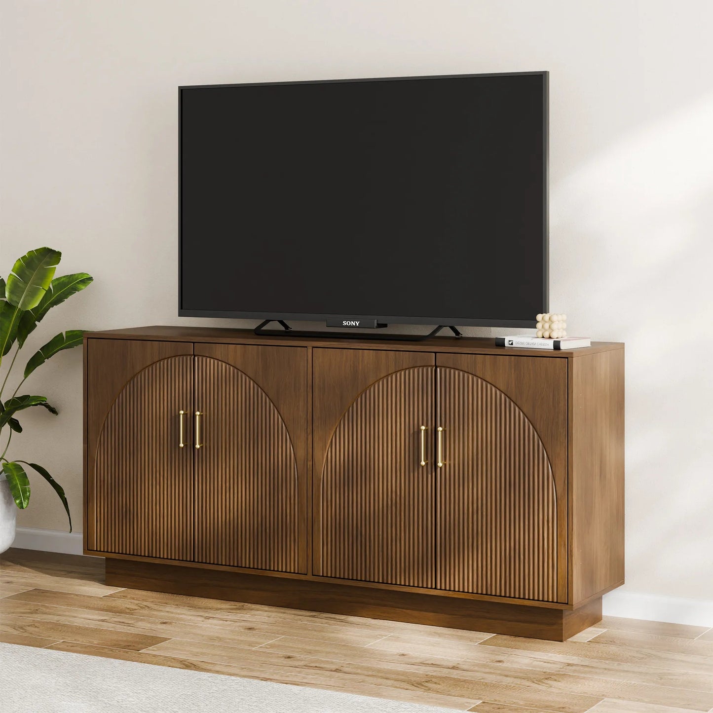 Mid-Century Fluted TV Stand with Storage Fits TVs up to 75" - Walnut/SW9742AHNM