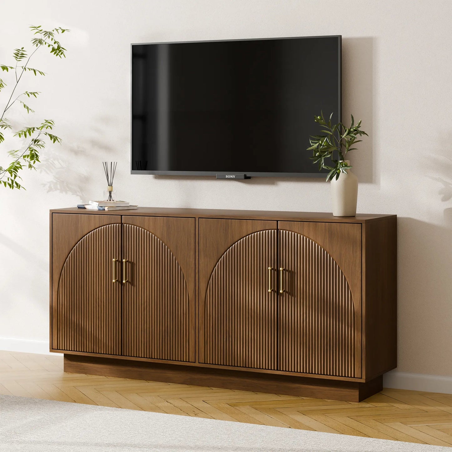 Mid-Century Fluted TV Stand with Storage Fits TVs up to 75" - Walnut/SW9742AHNM
