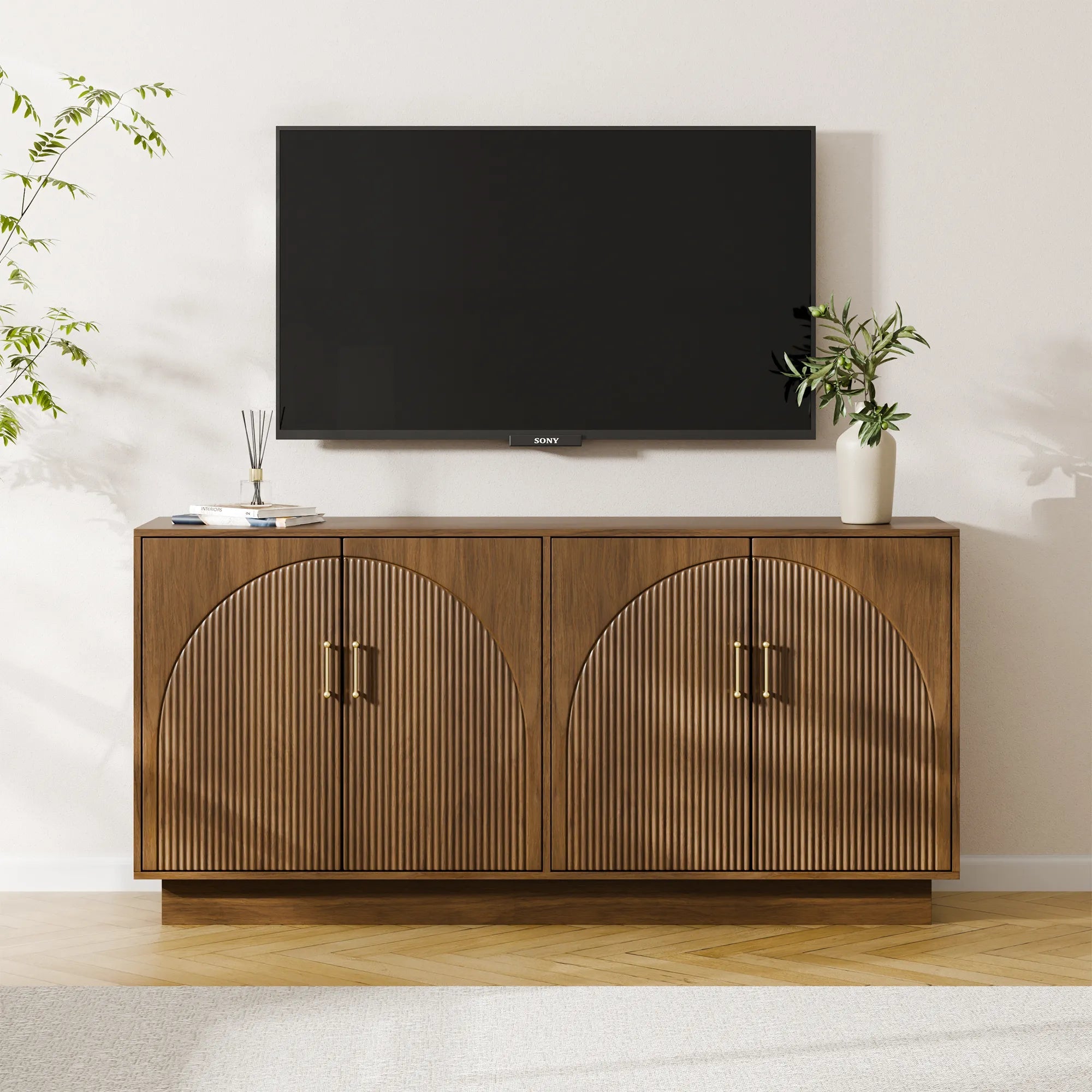 Mid-Century Fluted TV Stand with Storage Fits TVs up to 75" - Walnut/SW9742AHNM