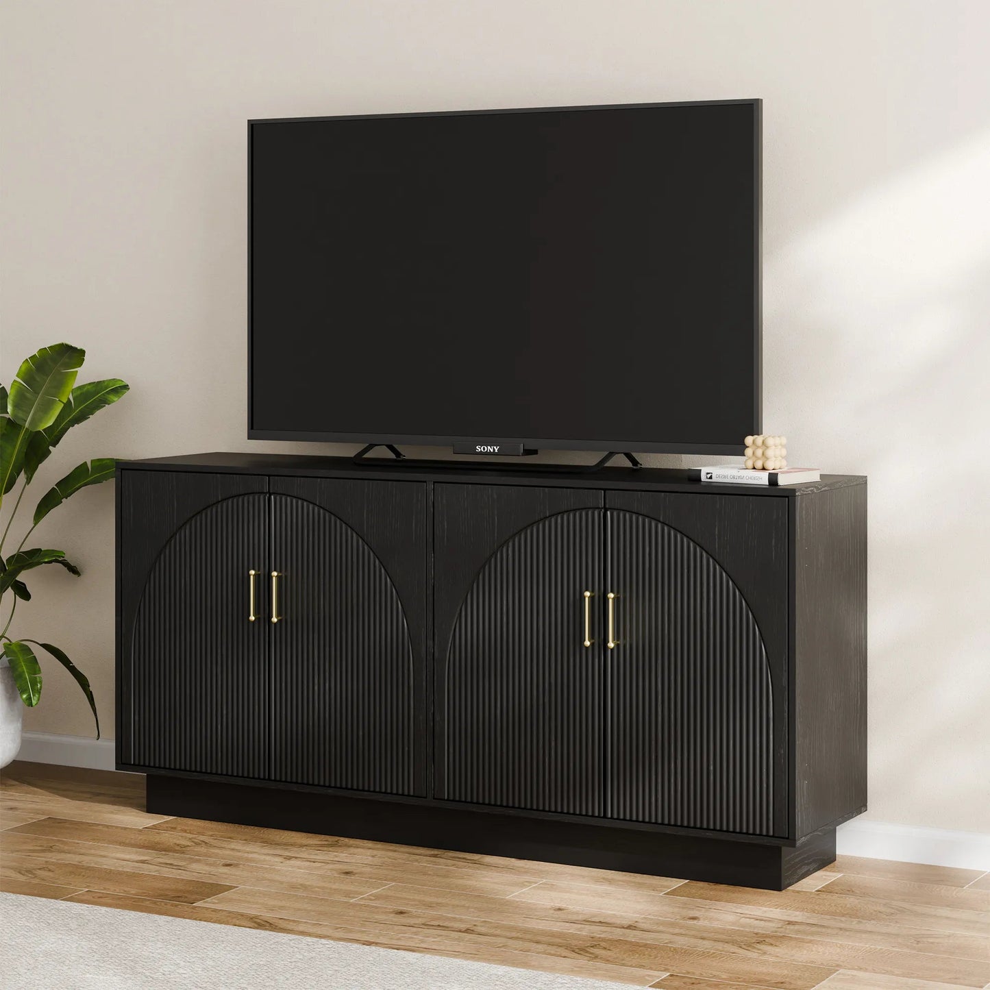 Mid-Century Fluted TV Stand with Storage Fits TVs up to 75" - Black/SW9742AHKB