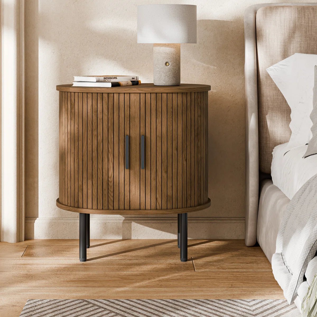 Mid - Century Modern Tambour Nightstand with Storage - Walnut/SW9740AKTB