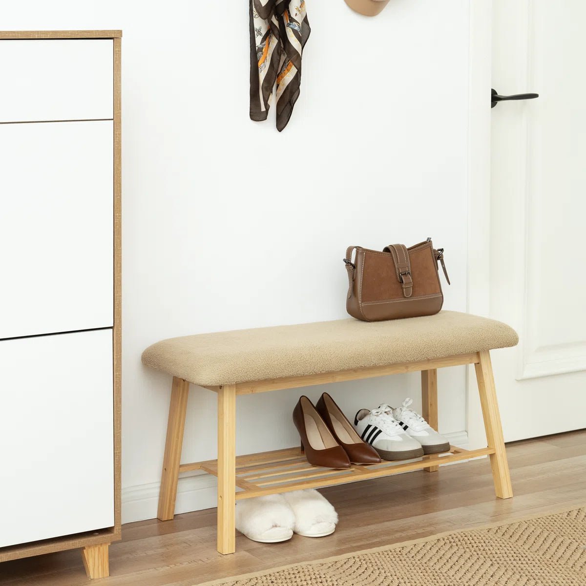 Modern Entryway Shoe Bench with Wood Frame and Storage Shelf -Khaki/SW9740AKKB