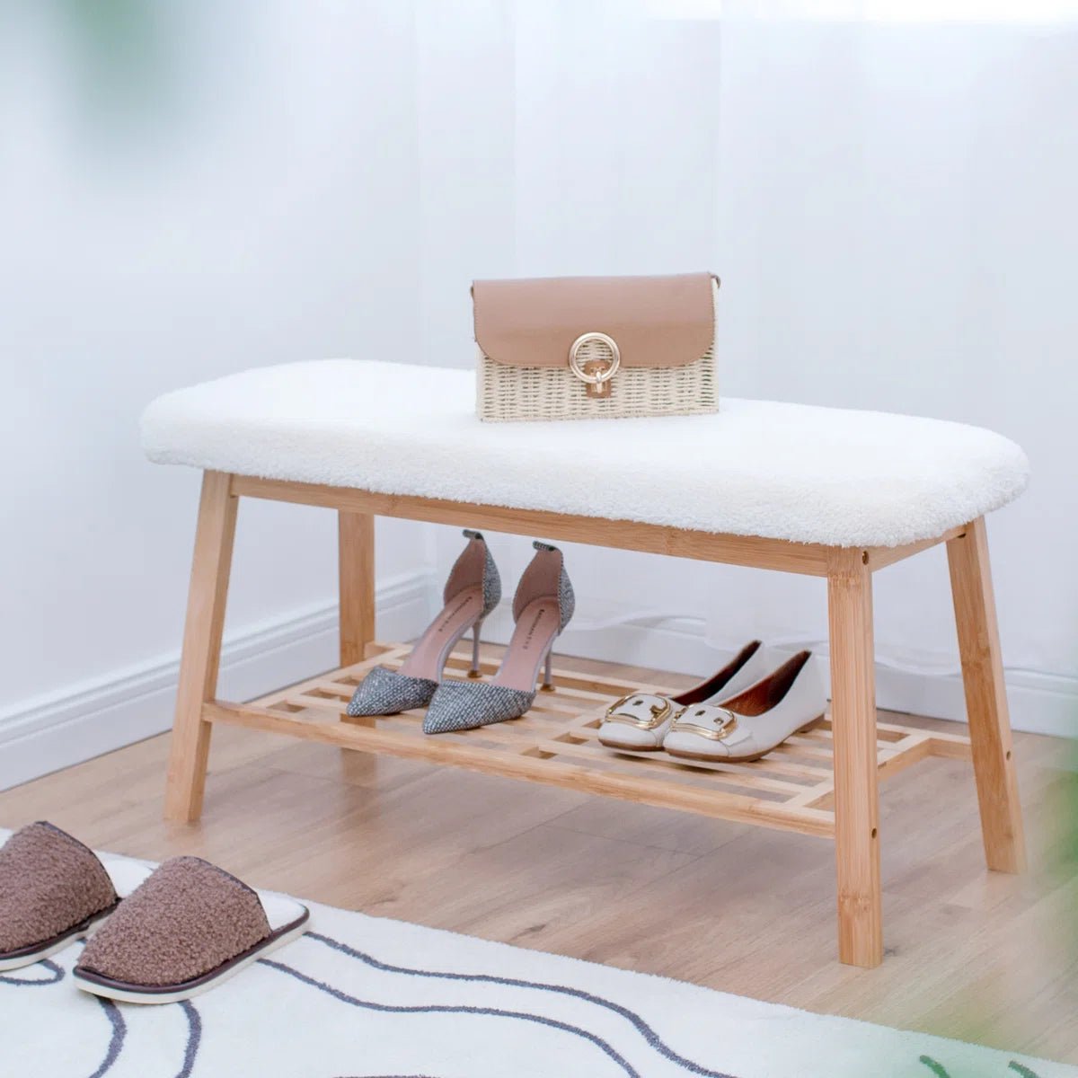 Modern Entryway Shoe Bench with Wood Frame and Storage Shelf -White/SW9701ALWR