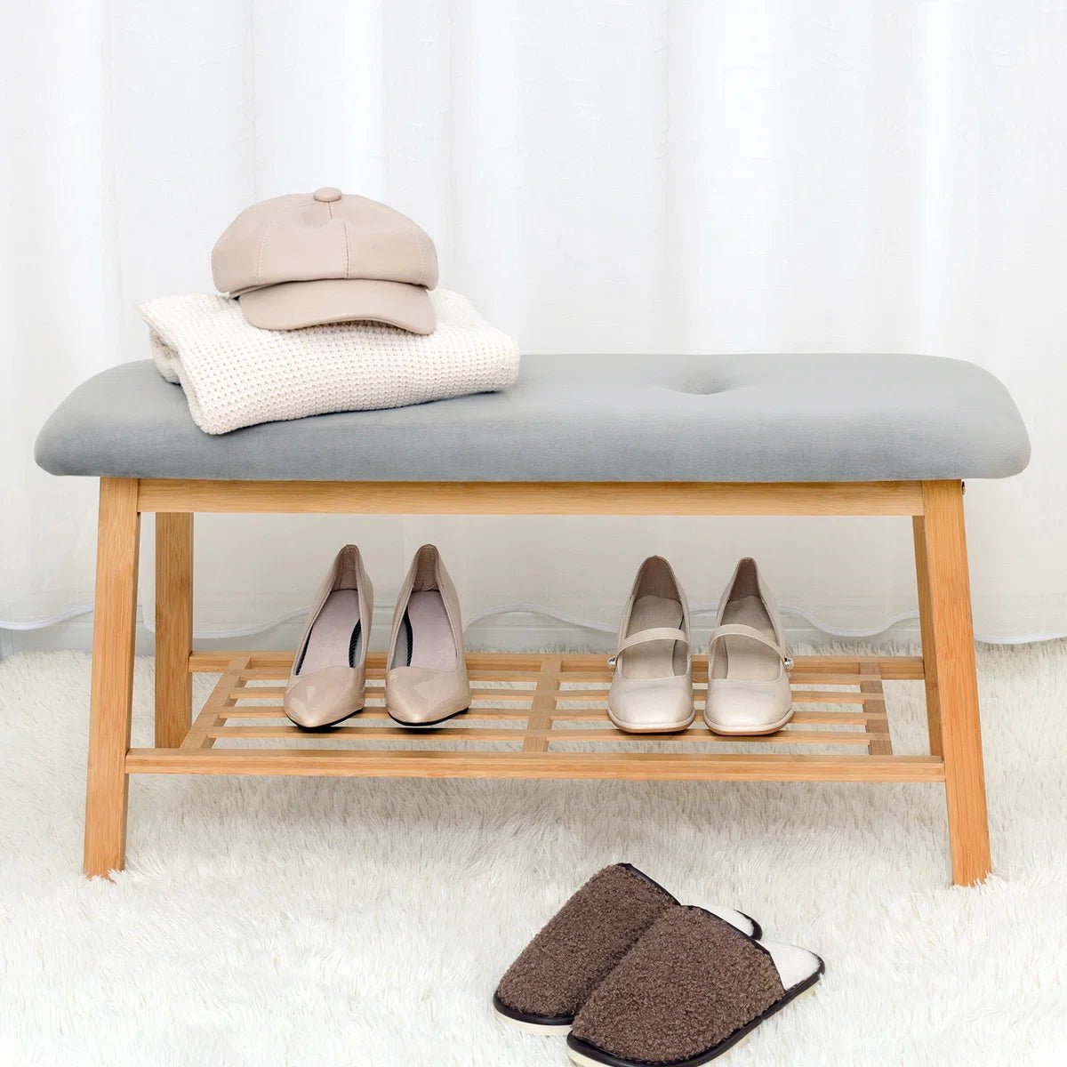 Modern Entryway Shoe Bench with Wood Frame and Storage Shelf -White/SW9701ALWR