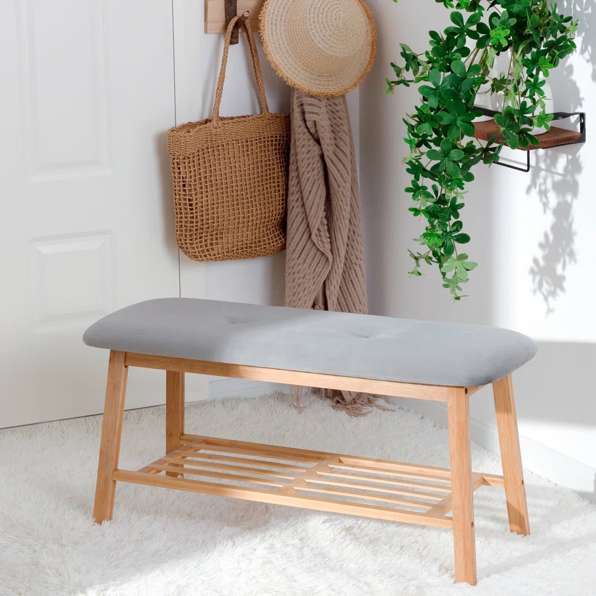 Modern Entryway Shoe Bench with Wood Frame and Storage Shelf -Gray/SW9701ALBF