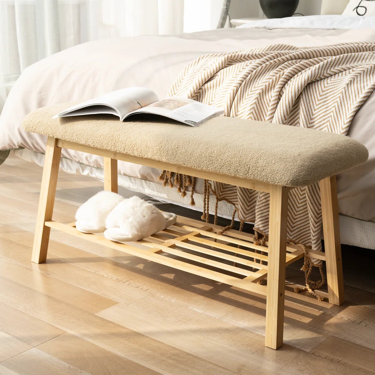 Modern Entryway Shoe Bench with Wood Frame and Storage Shelf -Khaki/SW9740AKKB