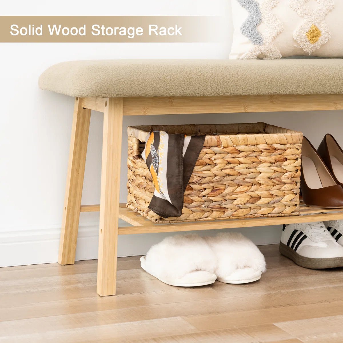 Modern Entryway Shoe Bench with Wood Frame and Storage Shelf -Khaki/SW9740AKKB