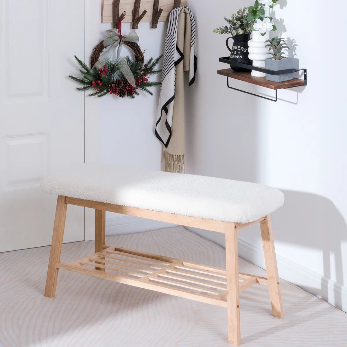 Modern Entryway Shoe Bench with Wood Frame and Storage Shelf -White/SW9701ALWR