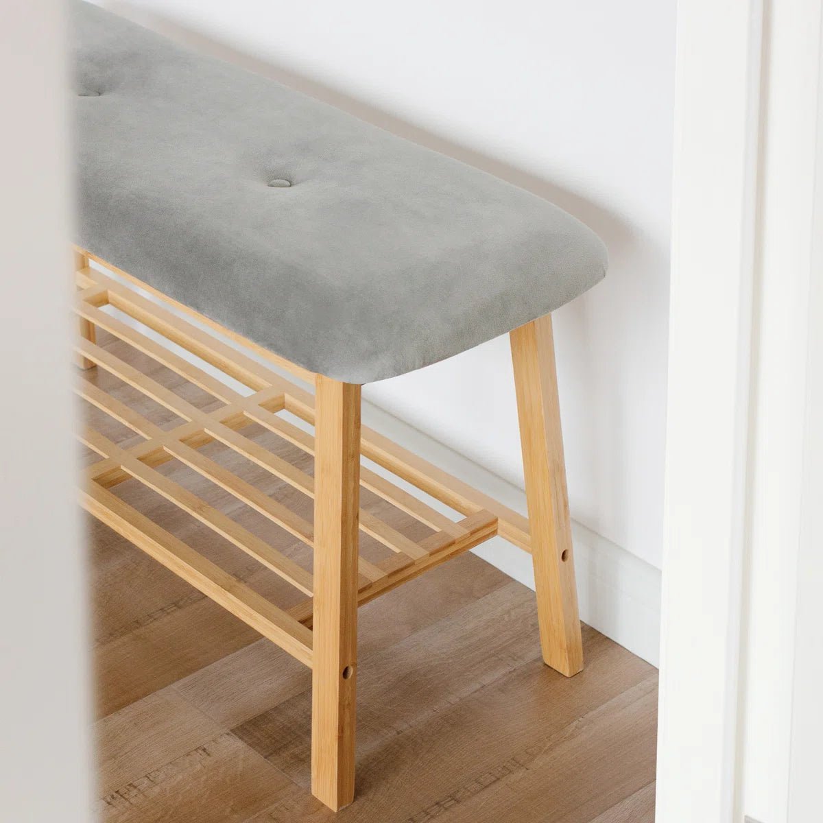 Modern Entryway Shoe Bench with Wood Frame and Storage Shelf -Gray/SW9701ALBF
