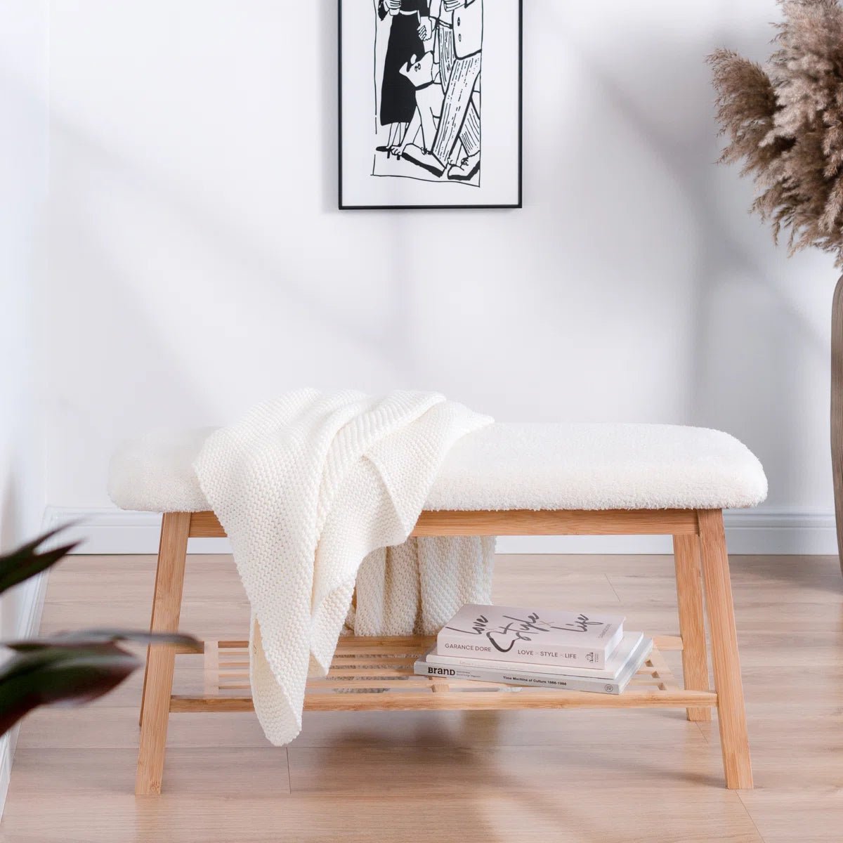 Modern Entryway Shoe Bench with Wood Frame and Storage Shelf -White/SW9701ALWR