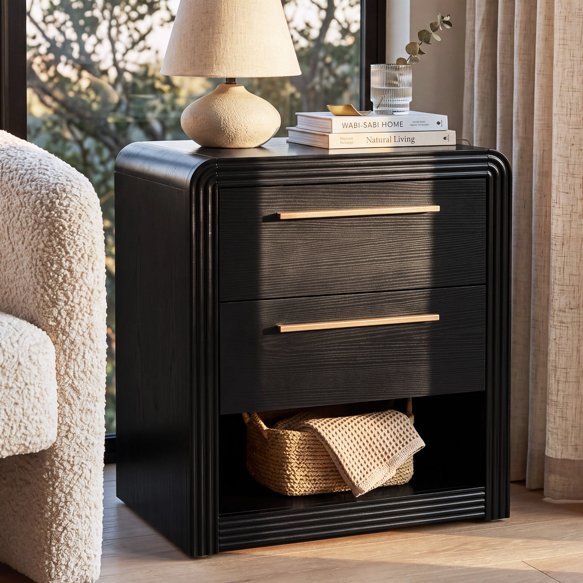 Modern Fluted Nightstand with 2 Drawers & Open Shelf - Well Zone | Furniture That Redefines Your Home Sanctuary