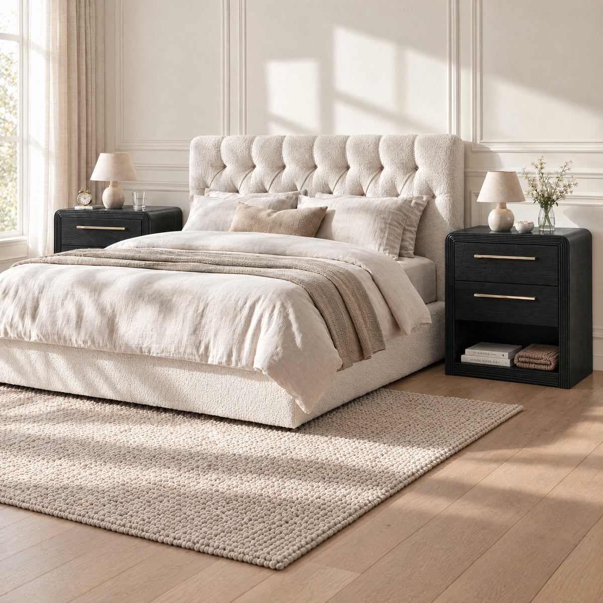 Modern Fluted Nightstand with 2 Drawers & Open Shelf