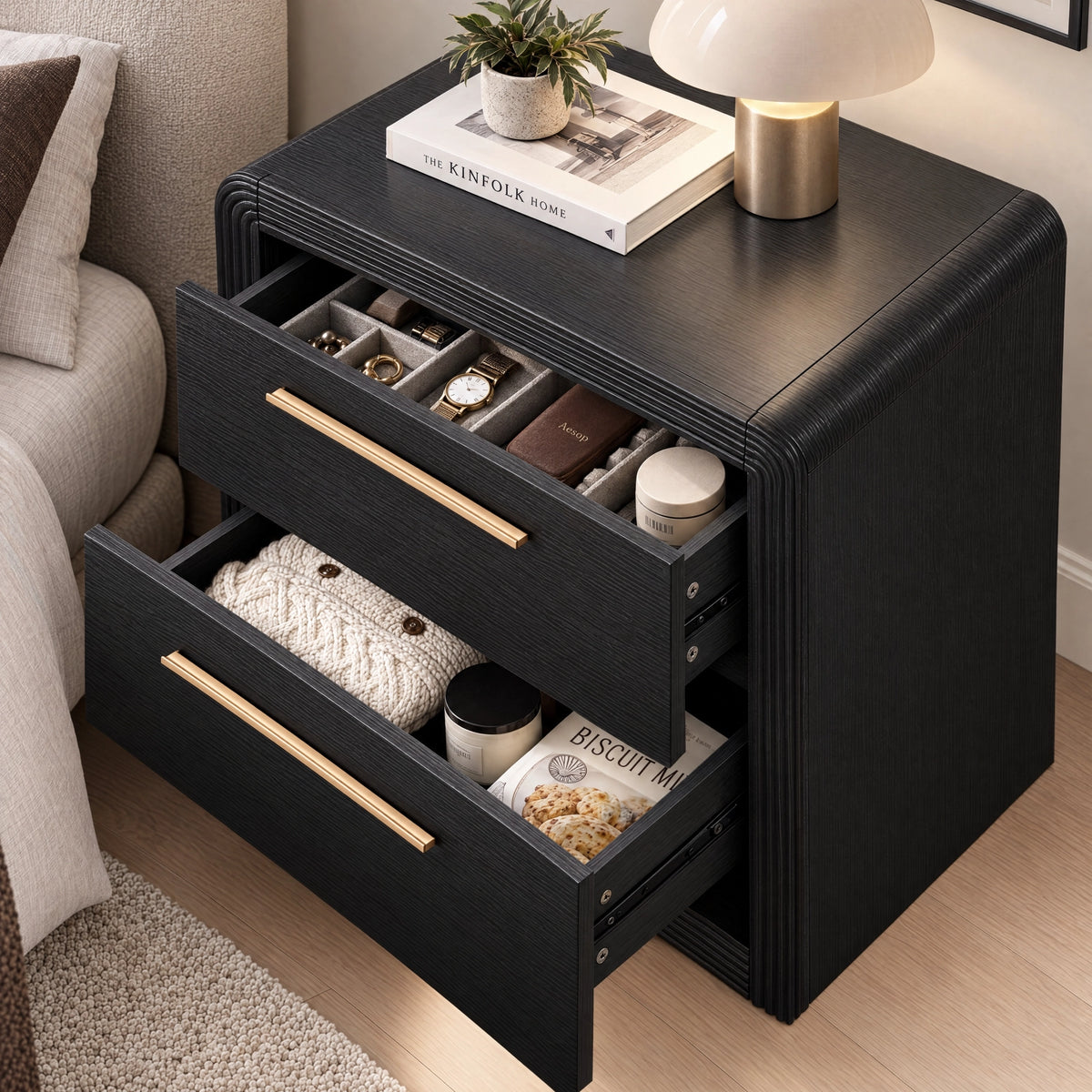 Modern Fluted Nightstand with 2 Drawers & Open Shelf - Well Zone | Furniture That Redefines Your Home Sanctuary