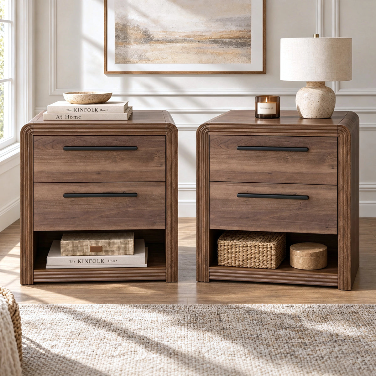 Modern Fluted Nightstand with 2 Drawers & Open Shelf