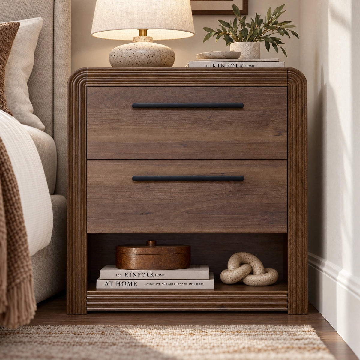 Modern Fluted Nightstand with 2 Drawers & Open Shelf