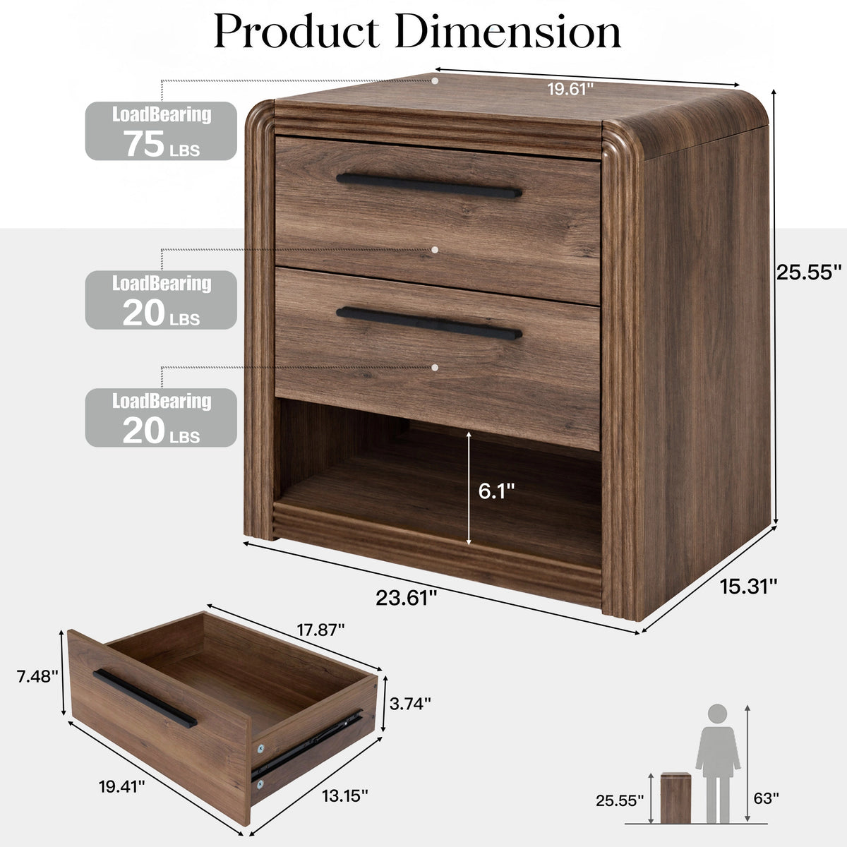 Modern Fluted Nightstand with 2 Drawers & Open Shelf