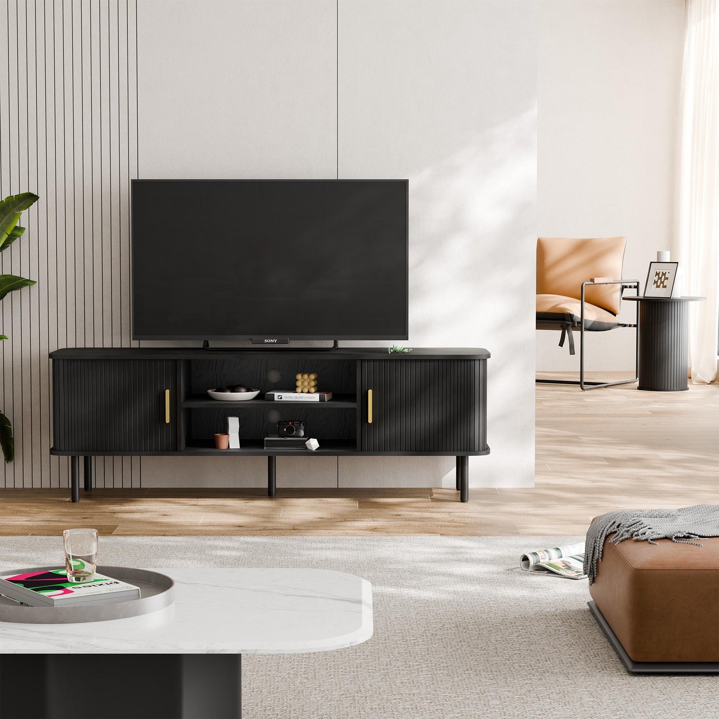 Modern Media Console Tambour TV Stand for 32" - 70" TVs - Black/SW9722AHKB