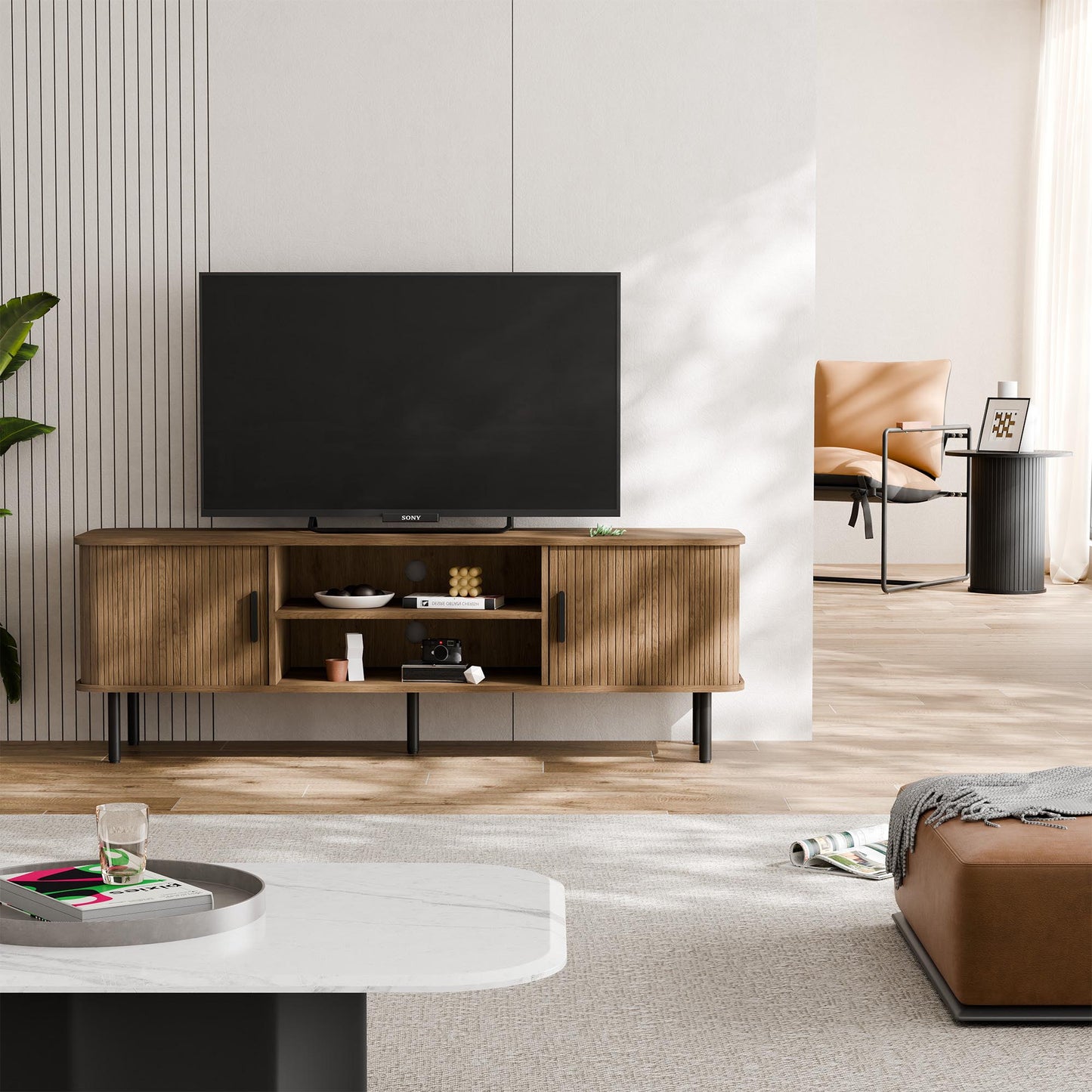 Modern Media Console Tambour TV Stand for 32" - 70" TVs - Brown/SW9722AHOS