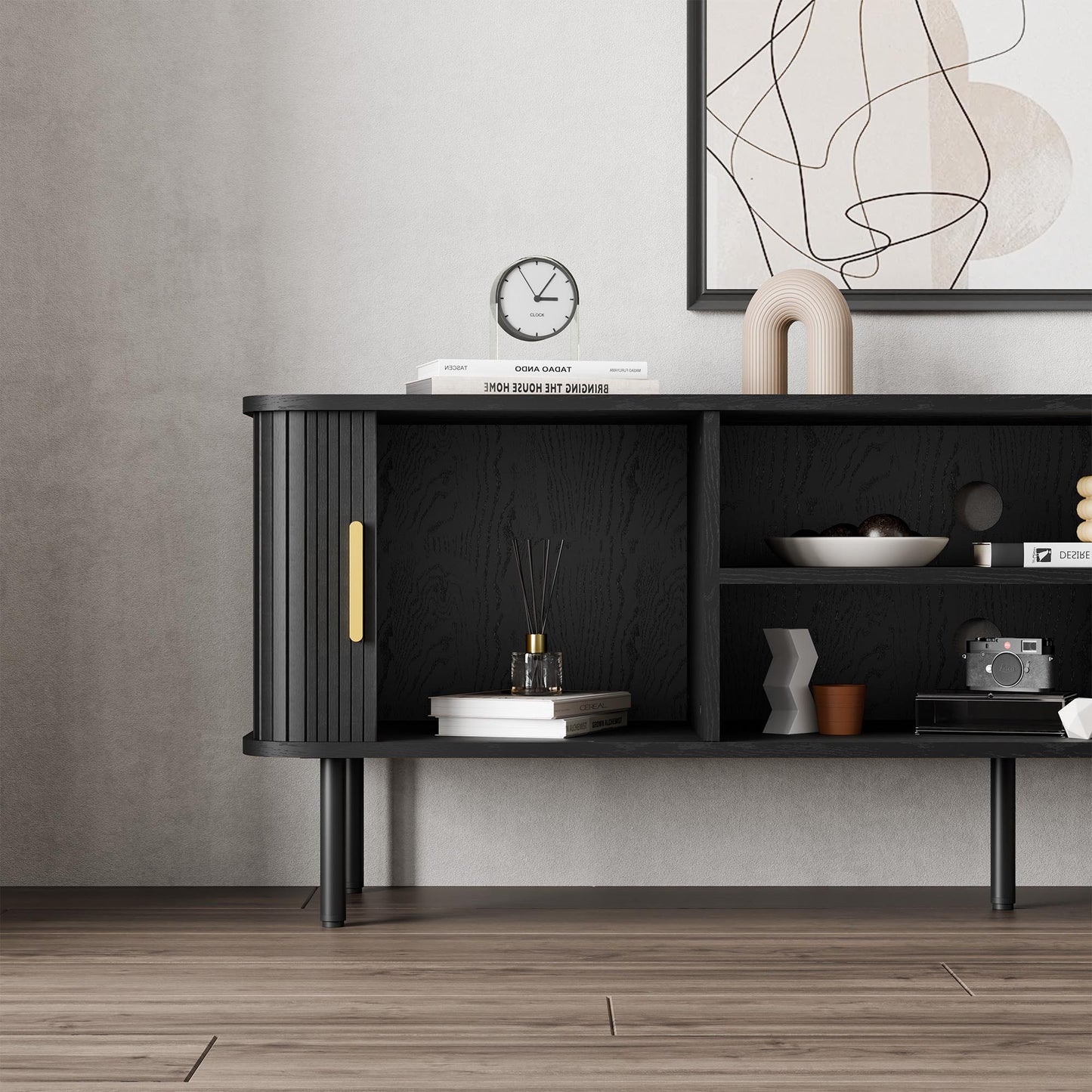 Modern Media Console Tambour TV Stand for 32" - 70" TVs - Black/SW9722AHKB