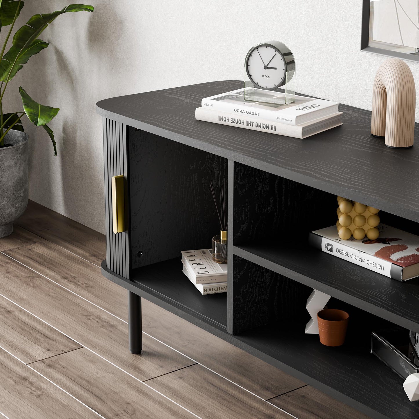 Modern Media Console Tambour TV Stand for 32" - 70" TVs - Black/SW9722AHKB