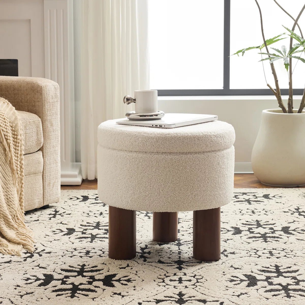 Round Upholstered Bench Ottoman - White/SW9726BKWR