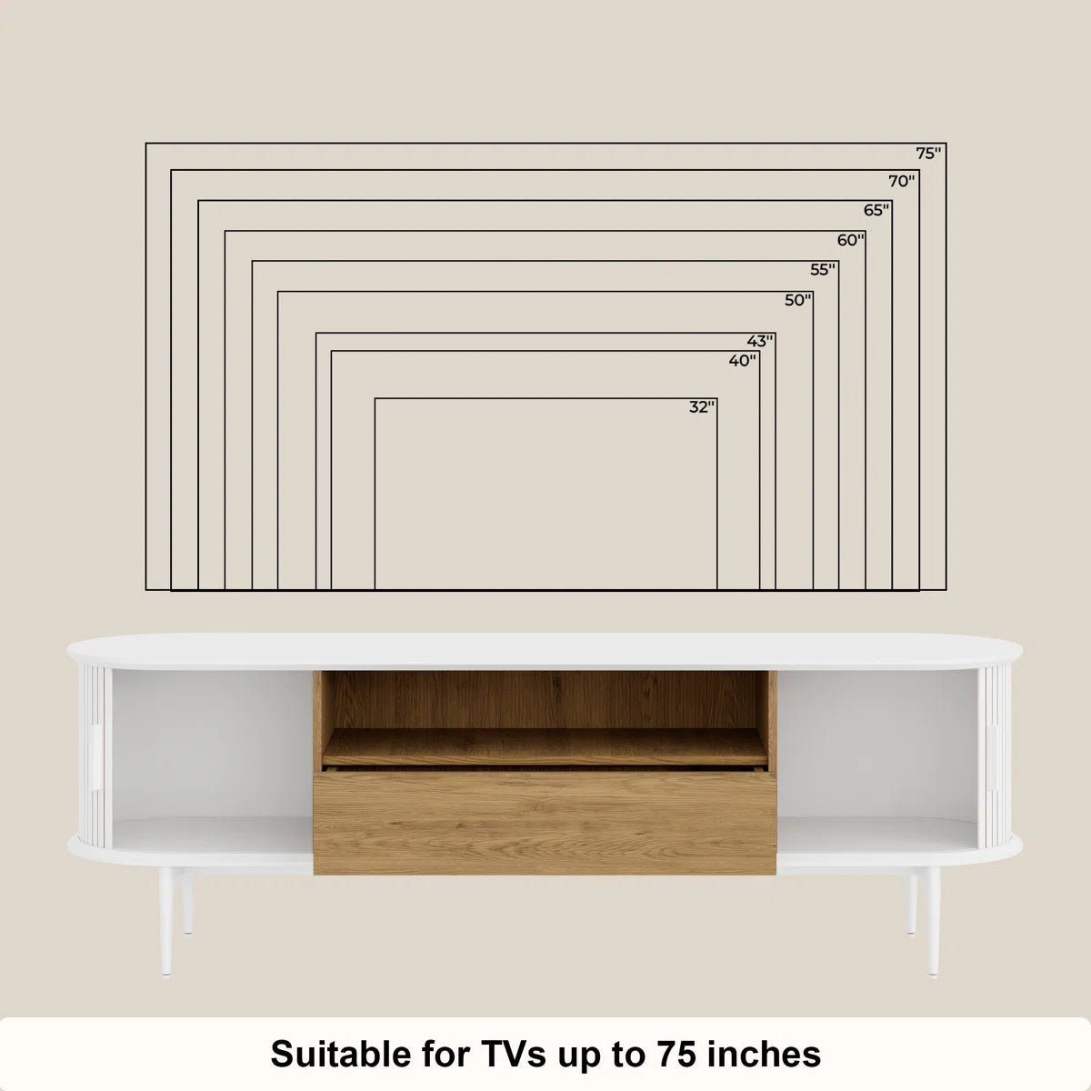 Tambour Design Mid-Century Modern TV Stand With Drawer for TV Up to 75" -White/SW9735AHWN