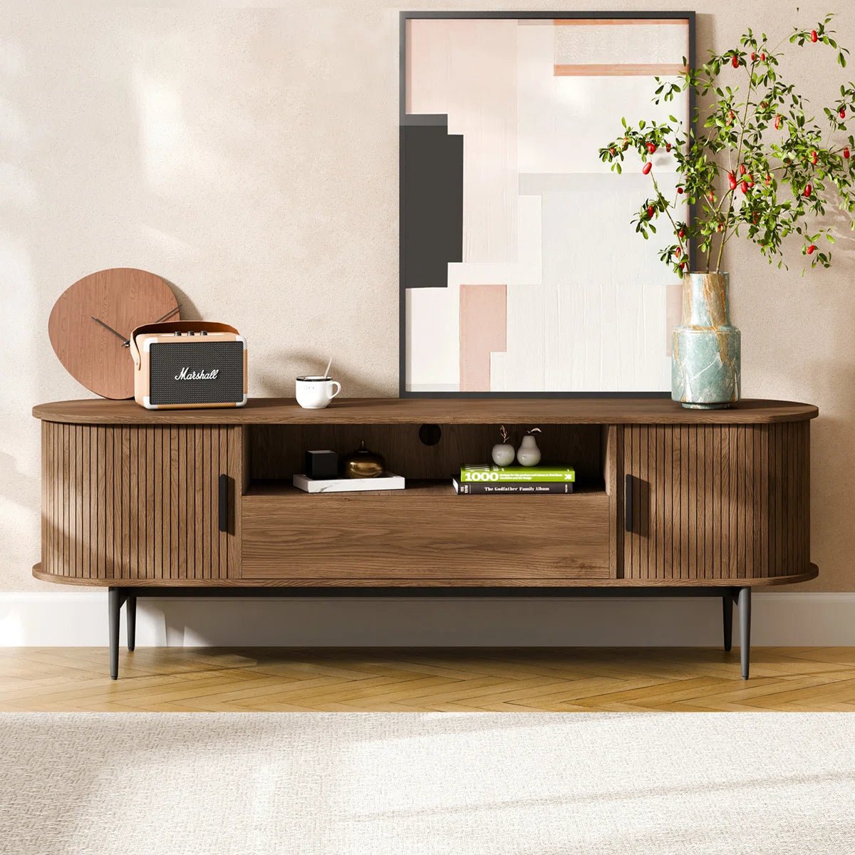 Tambour Design Mid-Century Modern TV Stand With Drawer for TV Up to 75" -Brown/SW9735AHOS