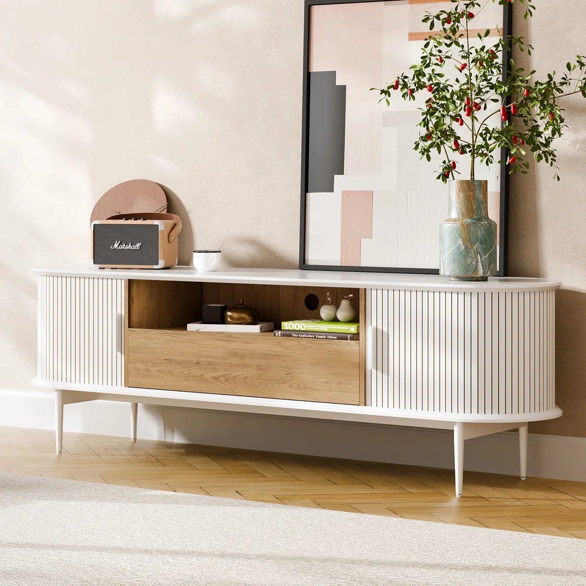 Tambour Design Mid-Century Modern TV Stand With Drawer for TV Up to 75" -White/SW9735AHWN