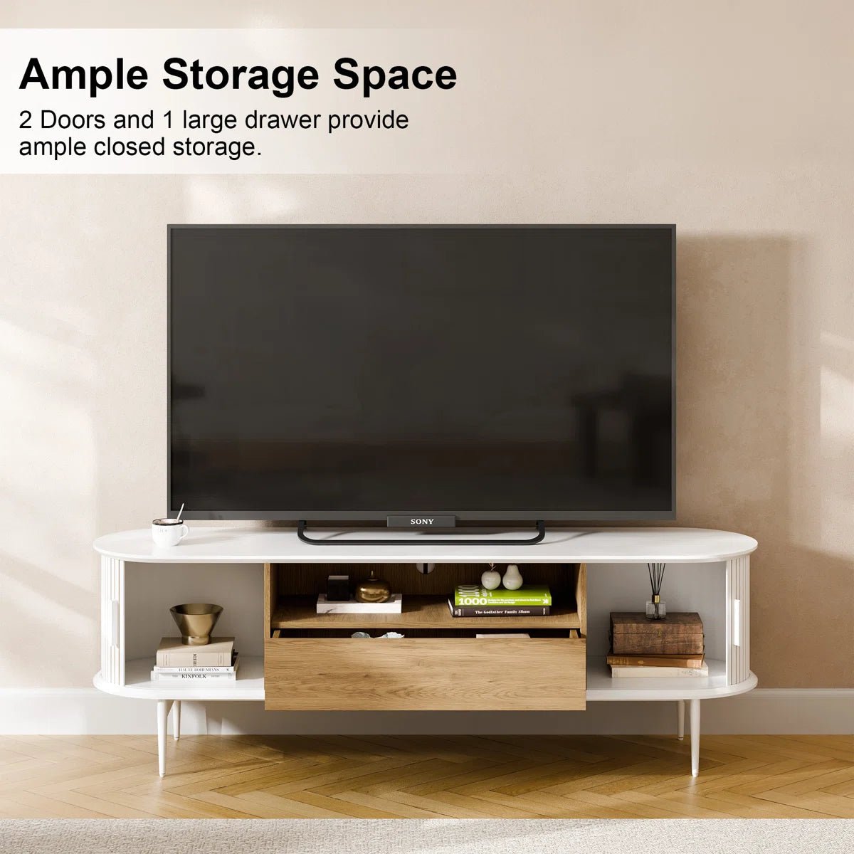 Tambour Design Mid-Century Modern TV Stand With Drawer for TV Up to 75" -White/SW9735AHWN