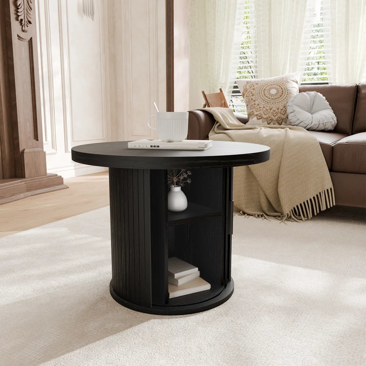 Tambour Design Round Coffee Table with Storage - Black/SW9733AKKB