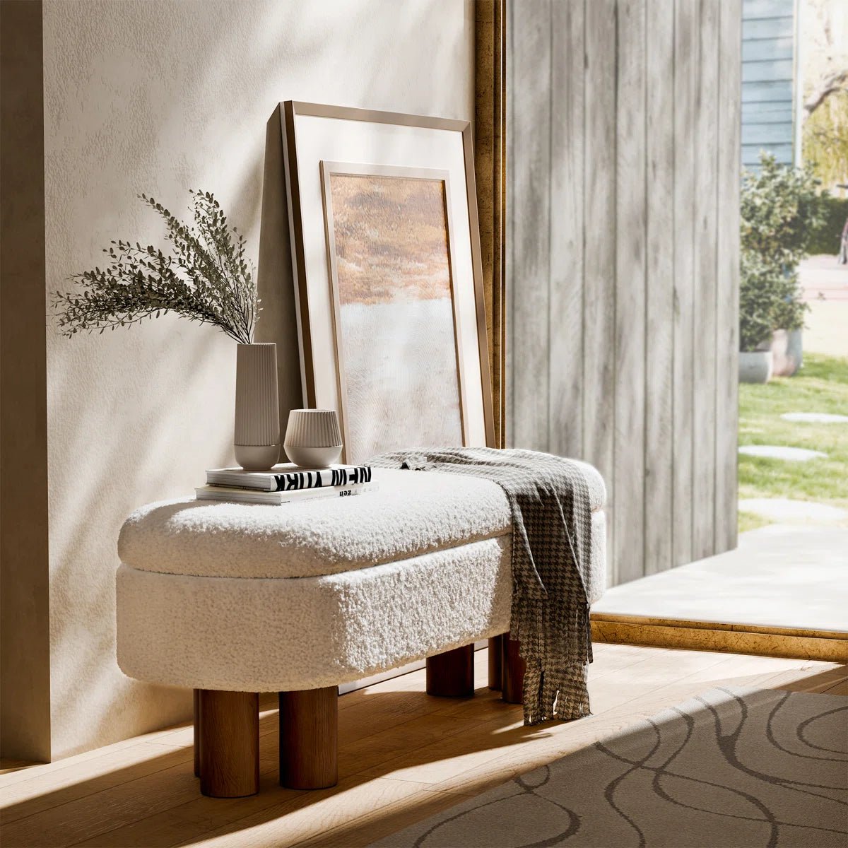 Upholstered Flip Top Storage Bench with Solid Wood Leg - White/SW9725BKWR