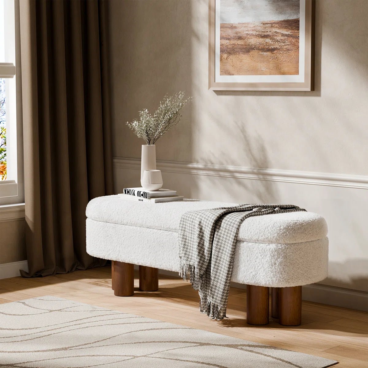 Upholstered Flip Top Storage Bench with Solid Wood Leg - White/SW9725BKWR