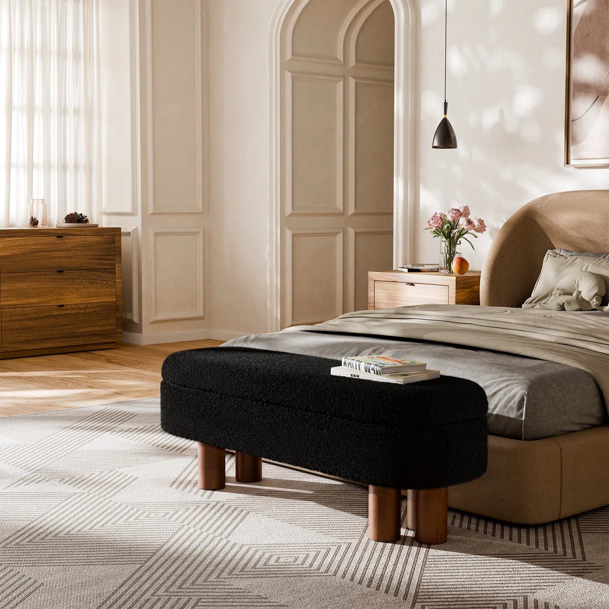 Upholstered Flip Top Storage Bench with Solid Wood Leg - Black/SW9725BKKA