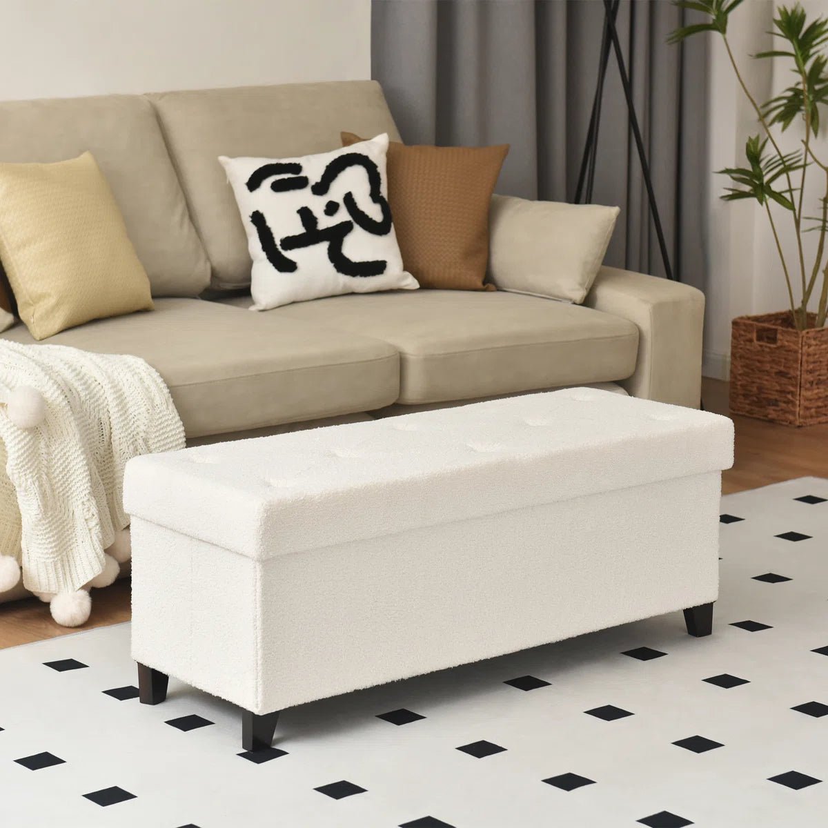 Upholstered Storage Bench with Solid Wood Legs - White/SW9704BKWR